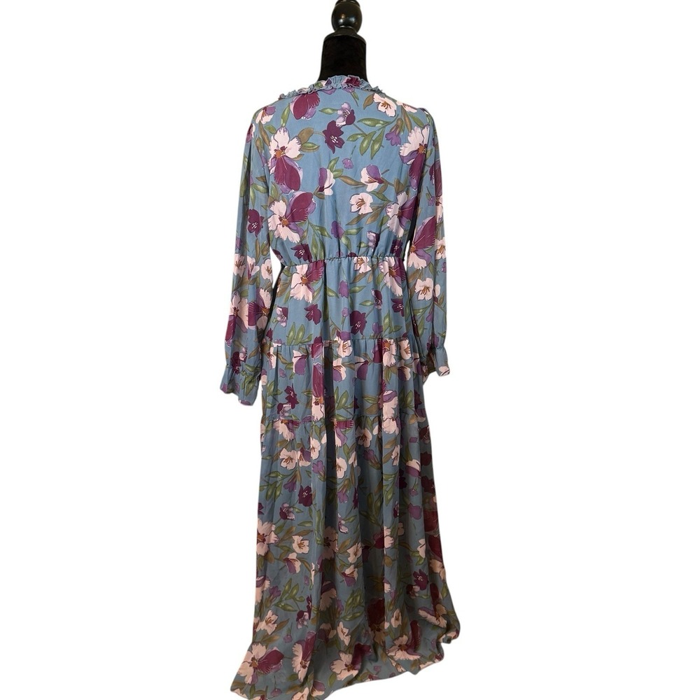 Women's Blue Purple Vivid Floral Print Maxi Dress Ruffle V-Neck Large Bloomcore - Picture 5 of 11